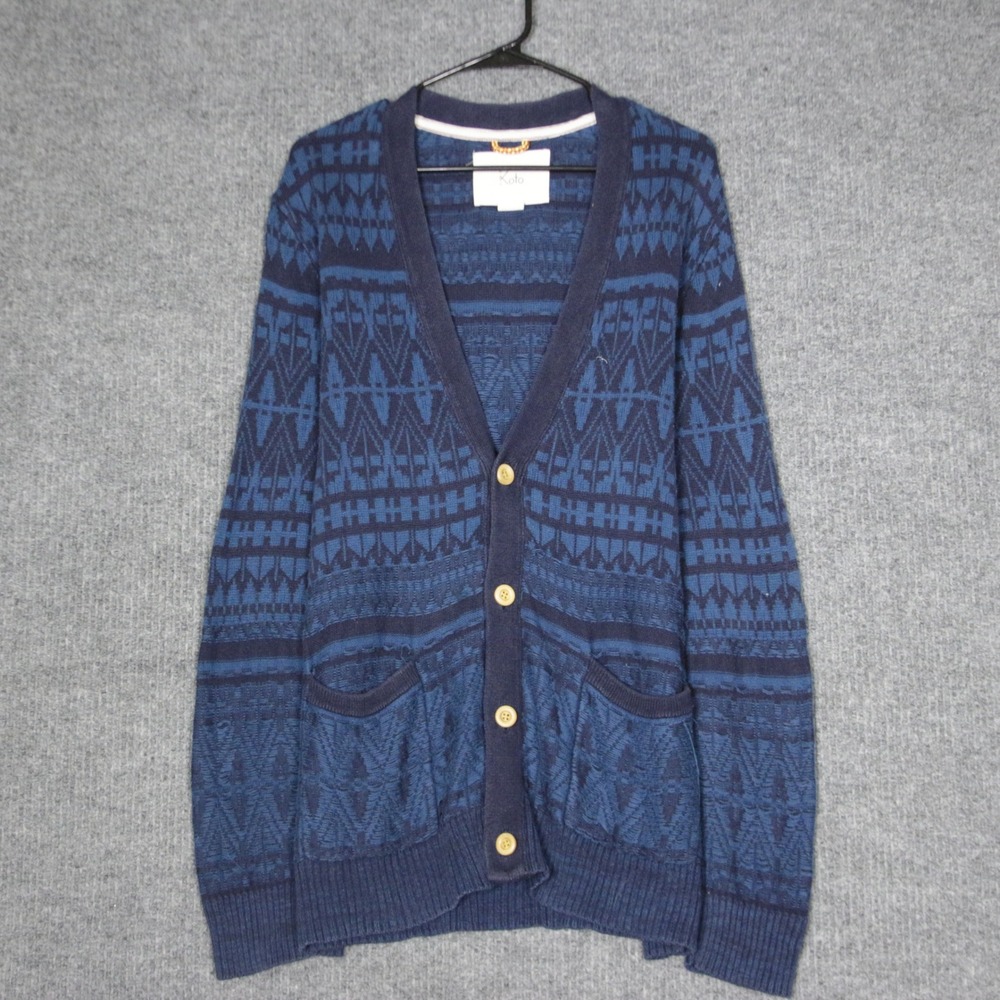 Koto Cardigan Womens L Navy Blue Geometric Pattern Button Up Knit